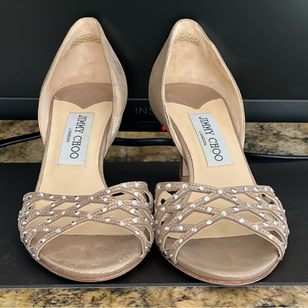 Jimmy Choo, Swarovsky Crystal 2 1/4" Heel. Size 36 1/2